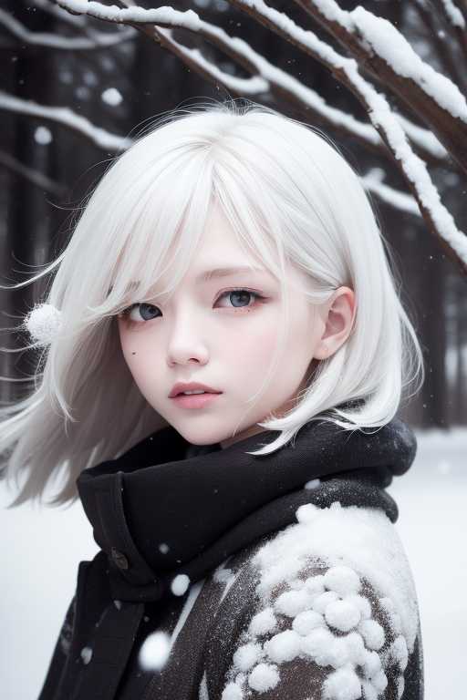 best quality, masterpiece, White hair,detailed, red eyes, windy, floating hair, snowy, upper body, detailed face, winter, ...